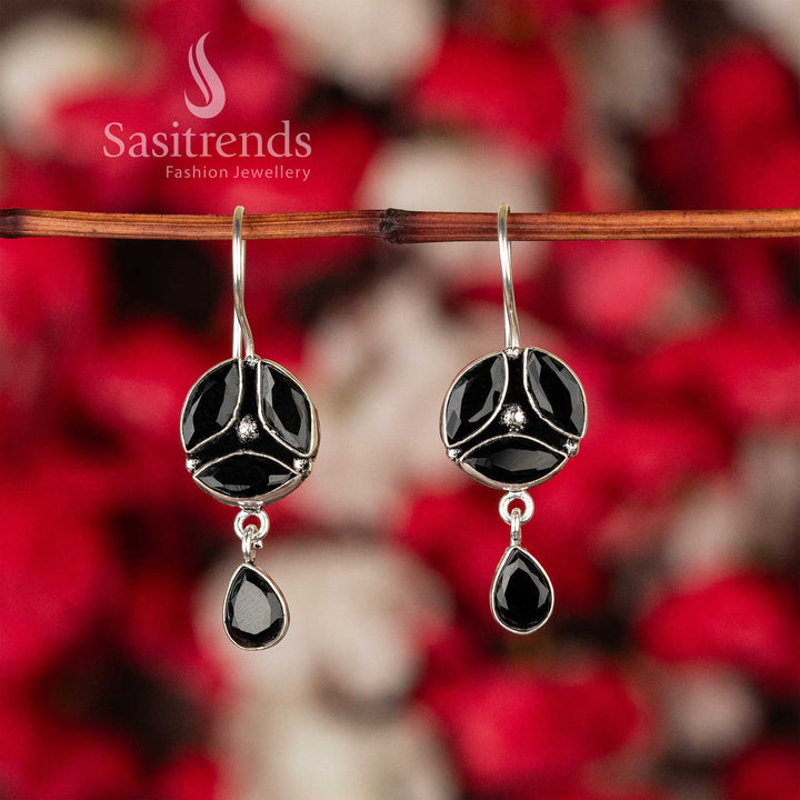 Elegant Black Oxidised Silver Earrings With Floral Design And Sparkling Stone Touches – Timeless Traditional Jewellery For Every Look - Sasitrends