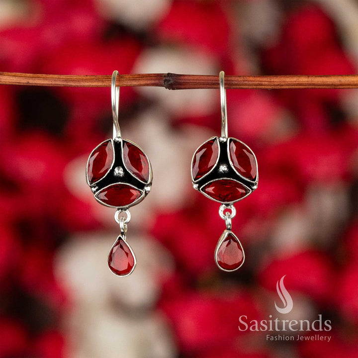 Fiery Red Oxidised Silver Earrings With Floral Motif And Sparkling Stones – Traditional Festive Jewellery For Ethnic Elegance - Sasitrends