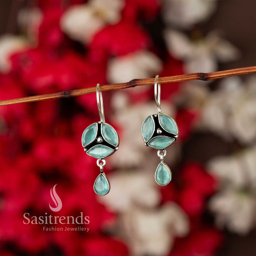 Fresh Mint Oxidised Silver Earrings With Nature-Inspired Flower Motif And Glimmering Stones – Boho Style Jewellery For All Occasions - Sasitrends