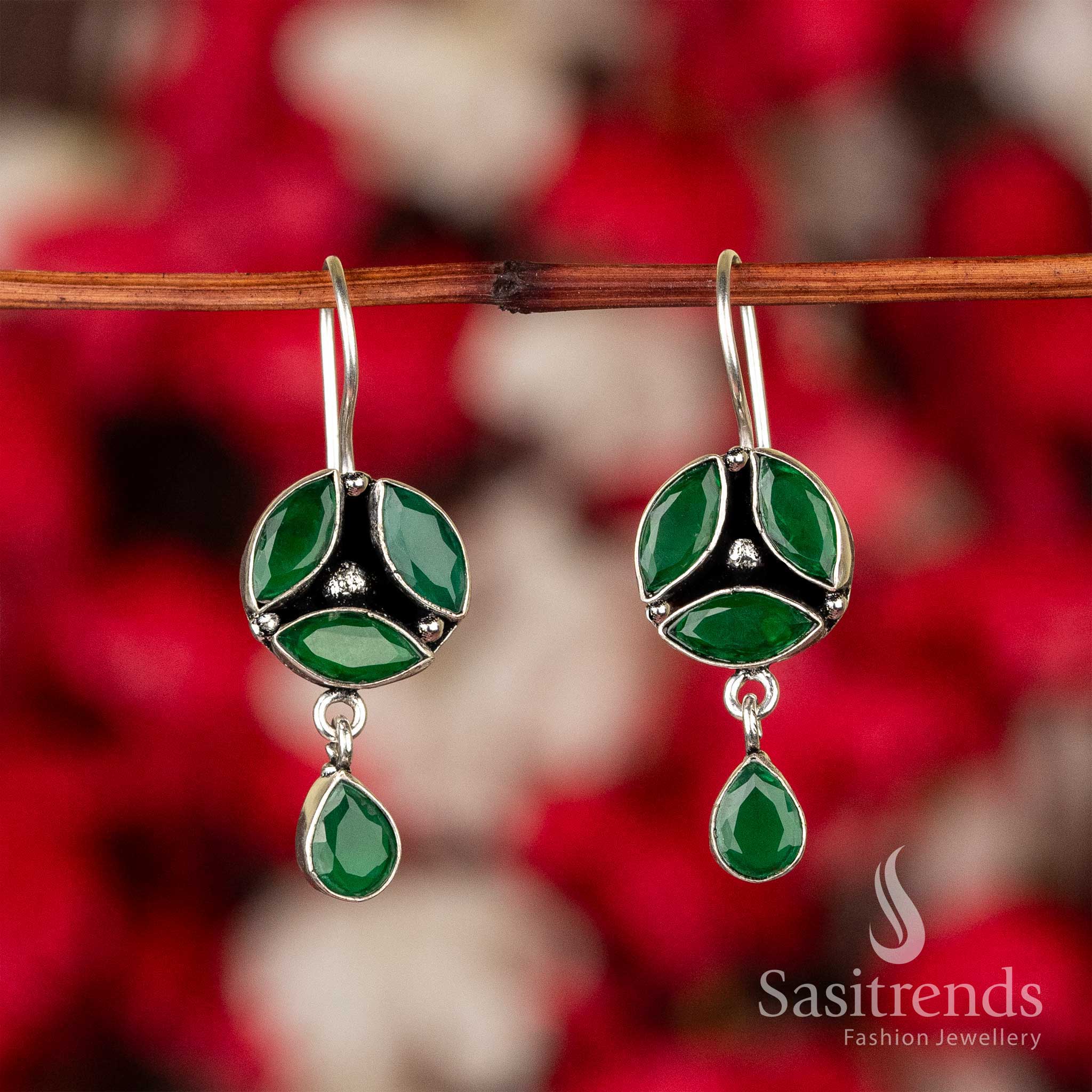 Glossy Green Oxidised Silver Earrings With Floral Pattern And Sheen Stones – Traditional Glam Jewellery For Graceful Charm - Sasitrends

