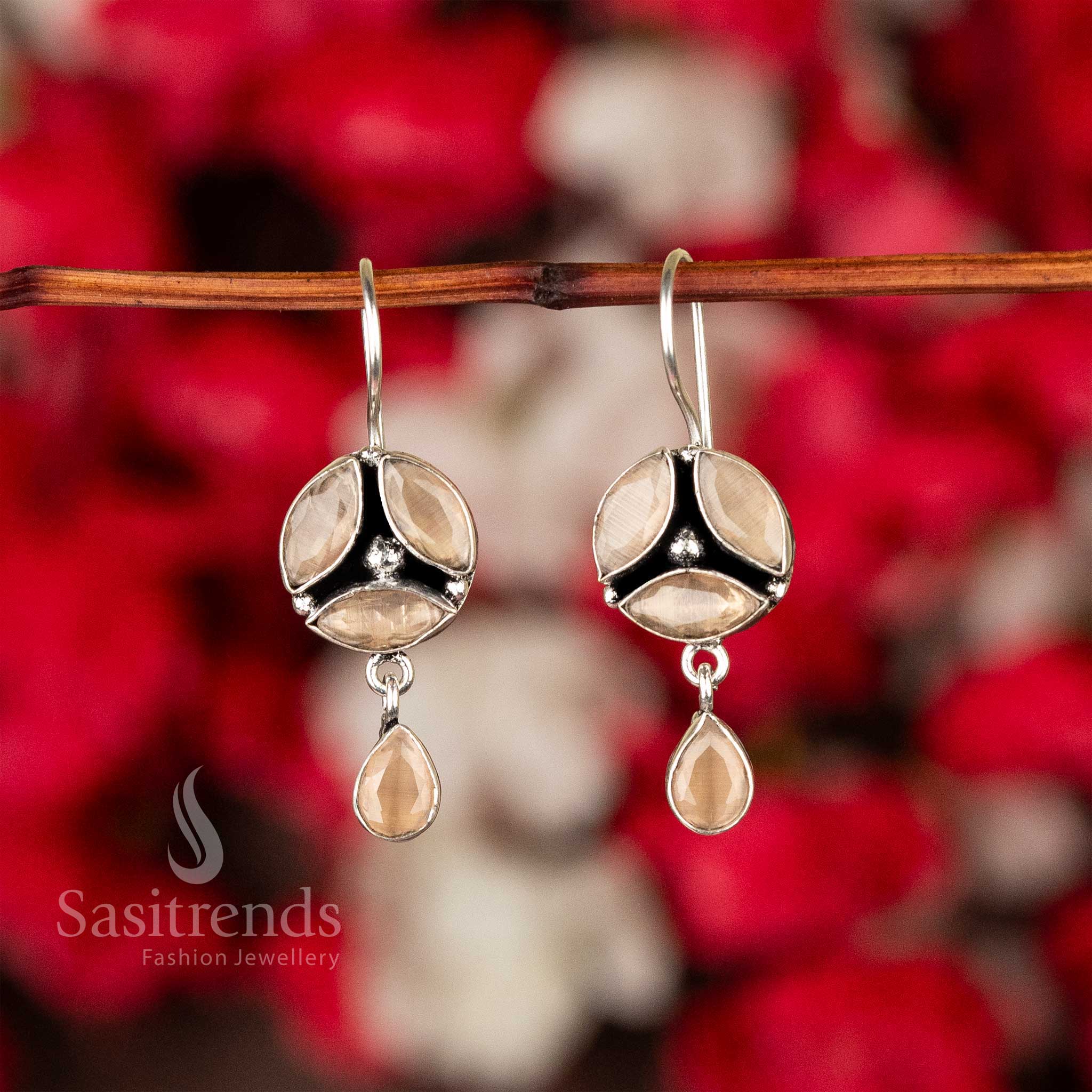Golden Yellow Oxidised Silver Earrings With Floral Carvings And Dazzling Stones – Traditional Festive Jewellery For Glorious Radiance - Sasitrends