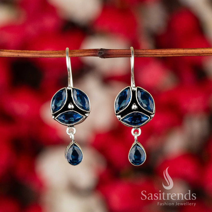 Ocean Blue Oxidised Silver Earrings With Swirling Flower Design And Crystal Stones – Statement Jewellery For Grand Style - Sasitrends

