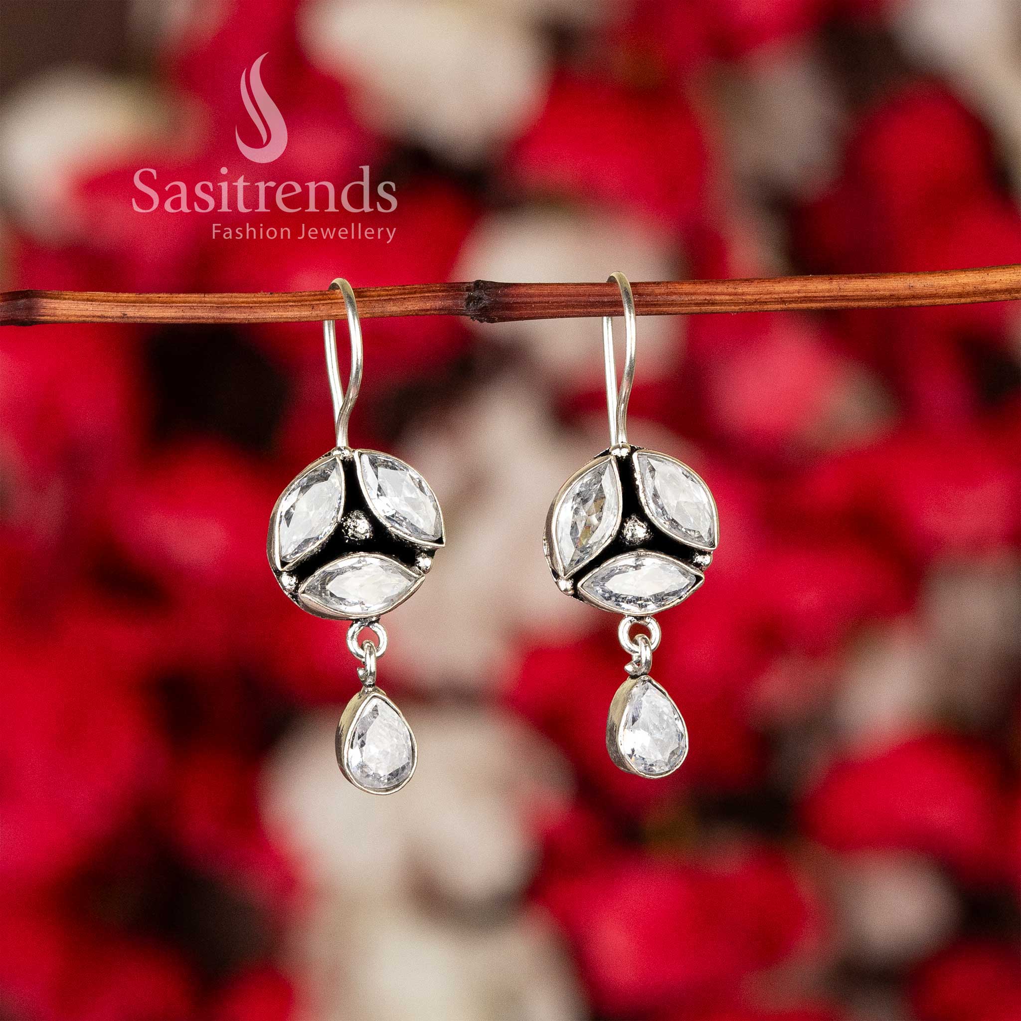Pristine White Oxidised Silver Earrings With Blossom Design And Glittering Stones – Bridal Classy Jewellery With Timeless Beauty - Sasitrends