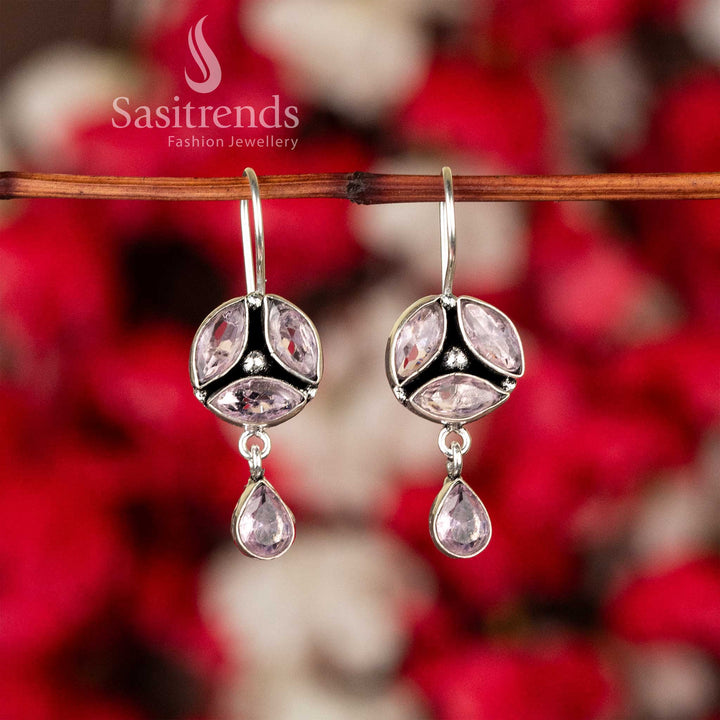 Royal Purple Oxidised Silver Earrings With Floral Highlights And Shiny Stones – Traditional Fancy Jewellery For Regal Look - Sasitrends