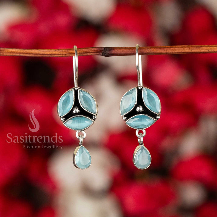 Sky Blue Oxidised Silver Earrings With Leaf-Floral Motif And Sparkling Stones – Celebration Jewellery For Light Elegant Charm - Sasitrends