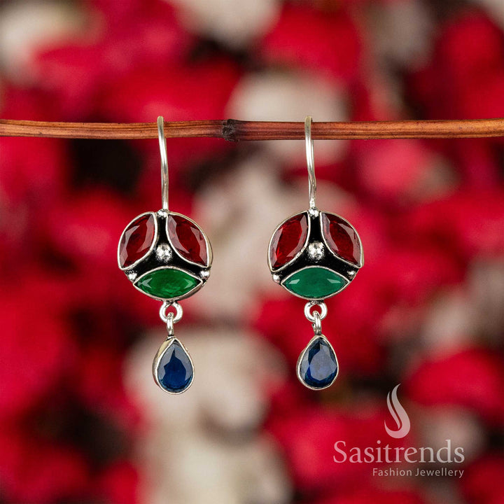 Vibrant Multicolour Oxidised Silver Earrings With Floral Art And Rich Stone Mix – Festival Fusion Jewellery With Joyful Hues - Sasitrends