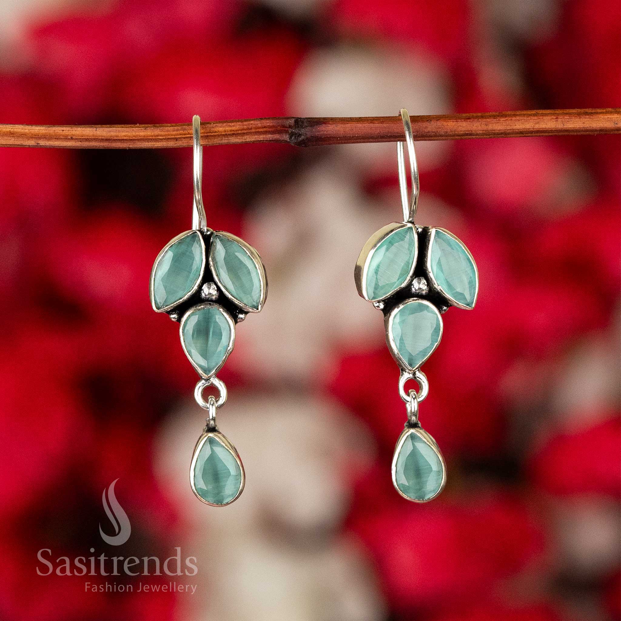 Aqua Blue Oxidised Silver Stones-Studded Earrings With Light Leafy Pattern And Soft Shine – Boho Jewellery For Fresh Looks - Sasitrends