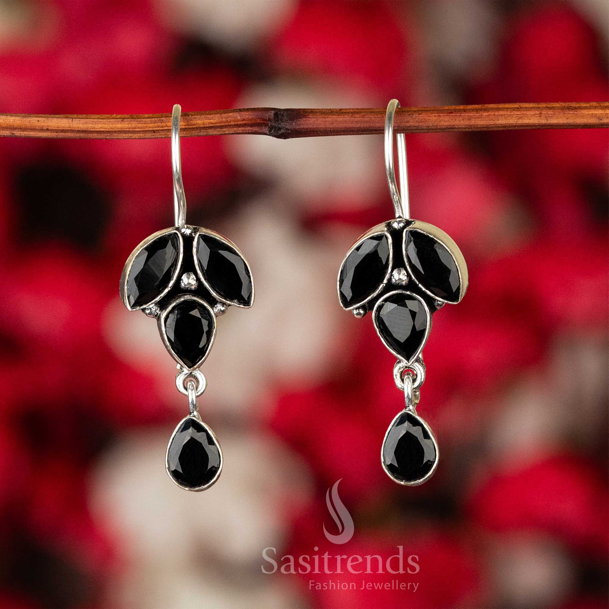 Bold Black Oxidised Silver Stones-Studded Earrings With Shimmering Detail And Fine Design – Traditional Jewellery For Graceful Looks - Sasitrends