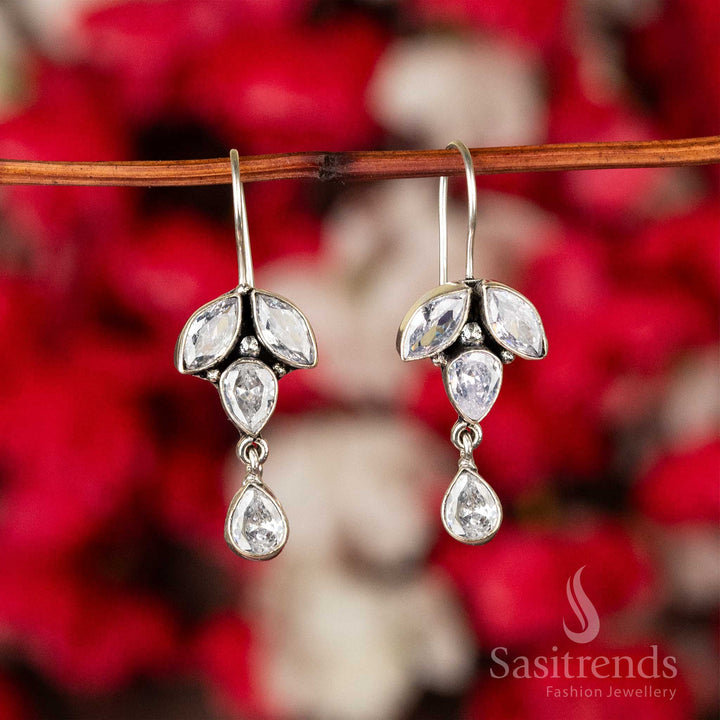 Classic White Oxidised Silver Stones-Studded Earrings With Sparkling Crystals And Floral Finish – Timeless Bridal Jewellery Style - Sasitrends