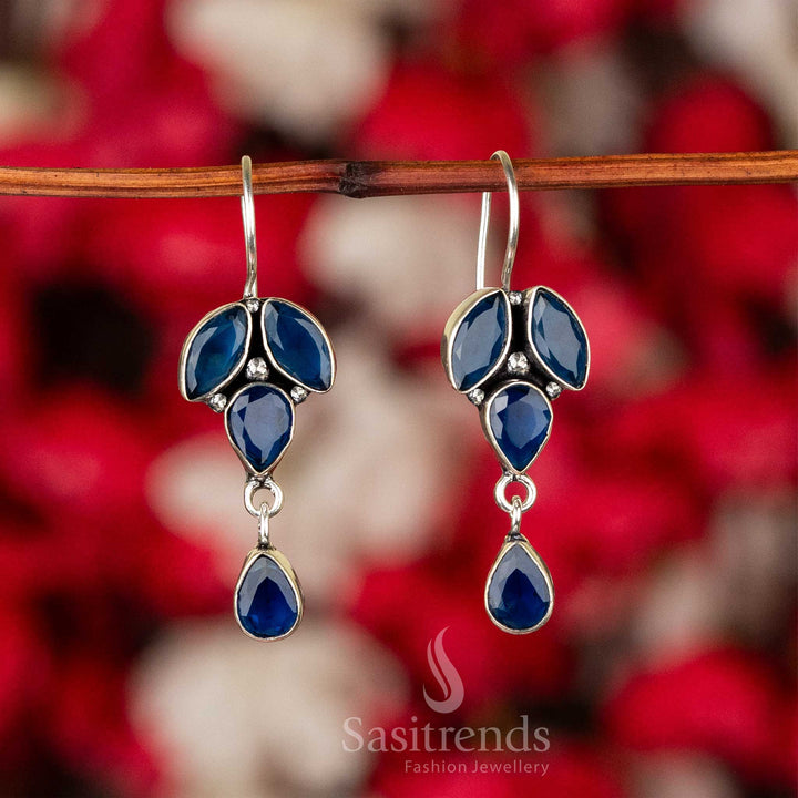 Deep Blue Oxidised Silver Stones-Studded Earrings With Ornamental Floral Style And Elegant Finish – Festive Jewellery With Classic Flair - Sasitrends