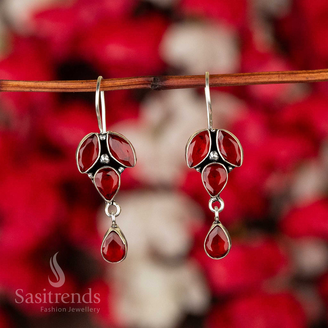 Graceful Red Oxidised Silver Stones-Studded Earrings With Glittering Detailing – Festive Traditional Jewellery For Elegant Outfits - Sasitrends