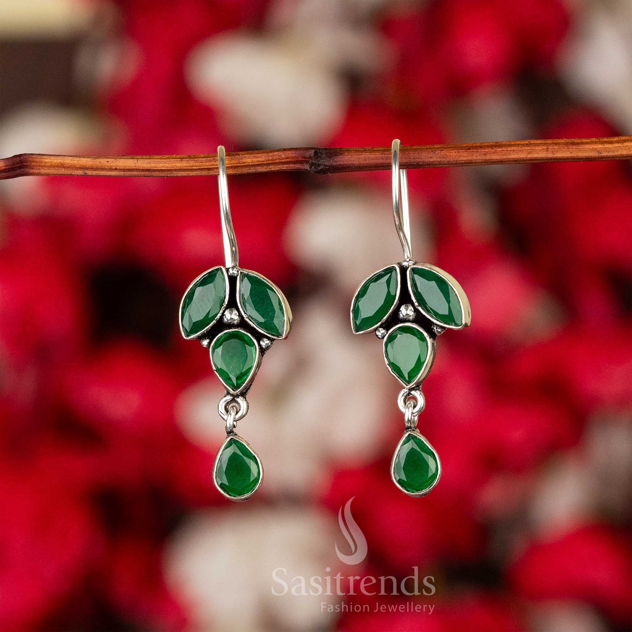 Glossy Green Oxidised Silver Earrings With Studded Stones And Leaves Inspired Detail – Elegant Jewellery For Traditional Appeal - Sasitrends