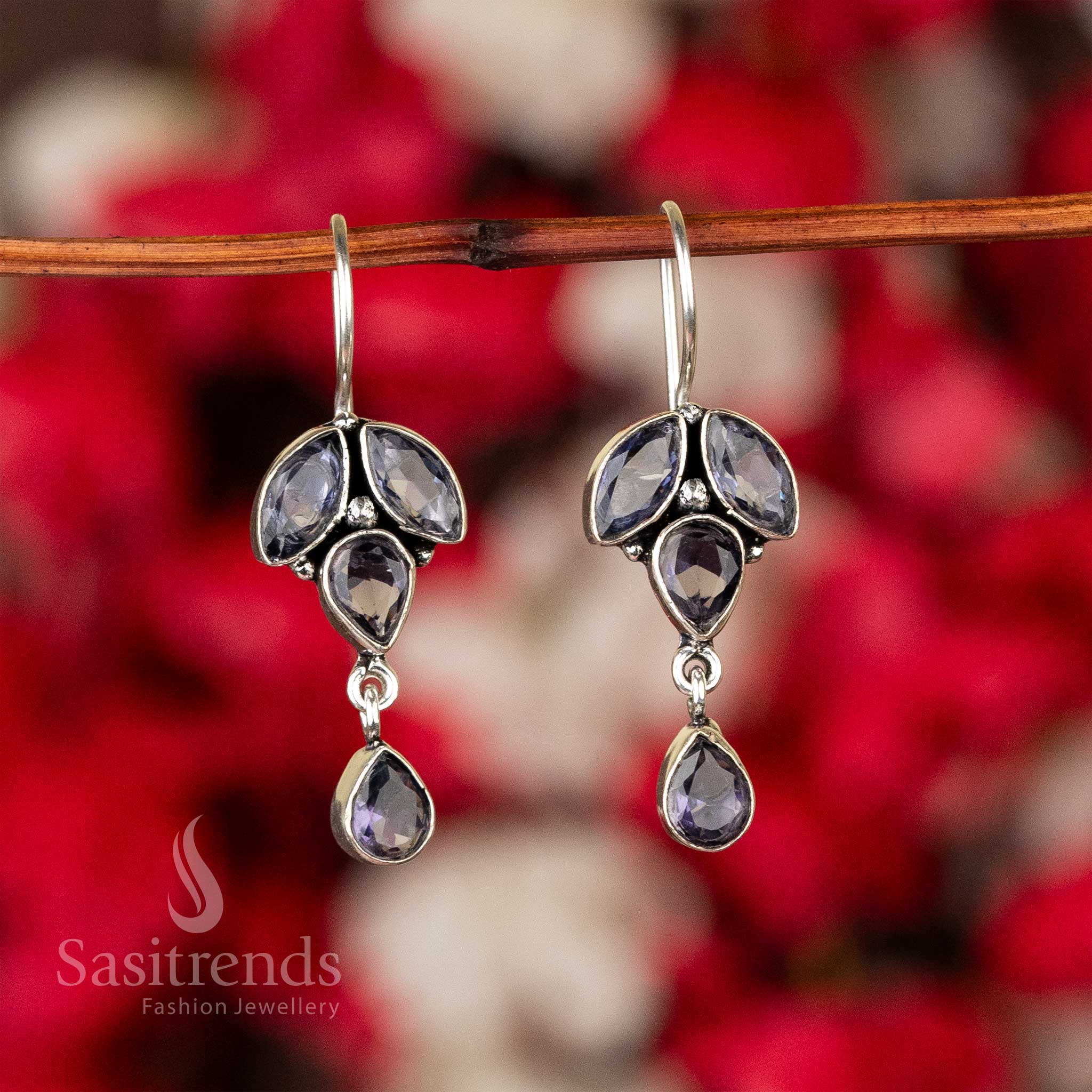 Regal Purple Oxidised Silver Stones-Studded Earrings With Vintage Floral Details And Festive Glow – Statement Jewellery For Occasions - Sasitrends