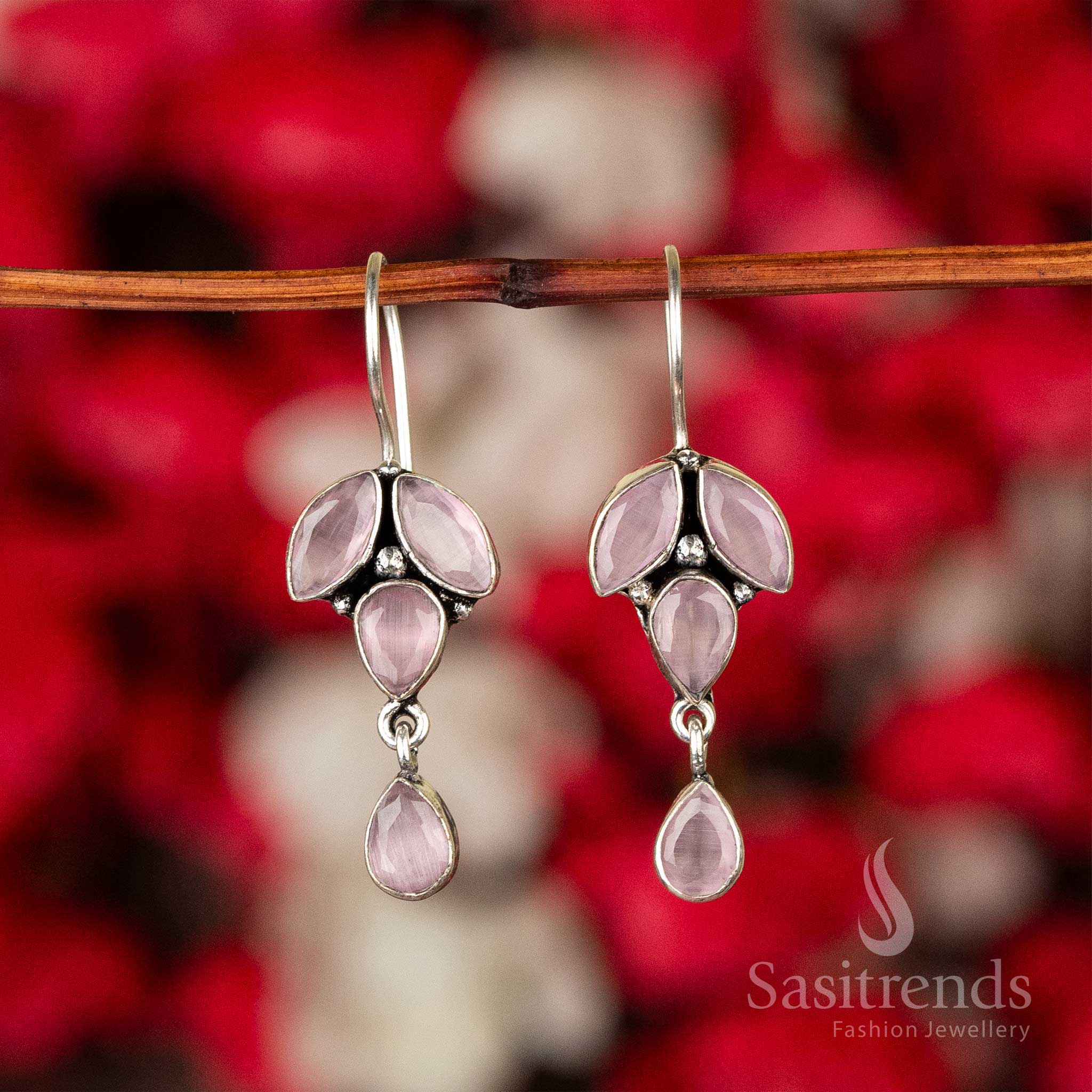 Romantic Pink Oxidised Silver Stones-Studded Earrings With Floral Accents And Delicate Crystals – Trendy Jewellery With Traditional Charm - Sasitrends