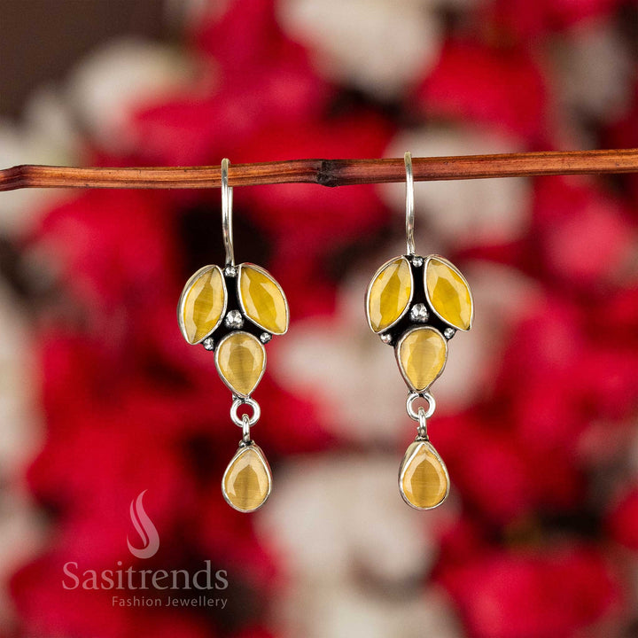 Sunny Yellow Oxidised Silver Stones-Studded Earrings With Floral Detail And Radiant Touch – Traditional Jewellery With Vibrant Appeal - Sasitrends

