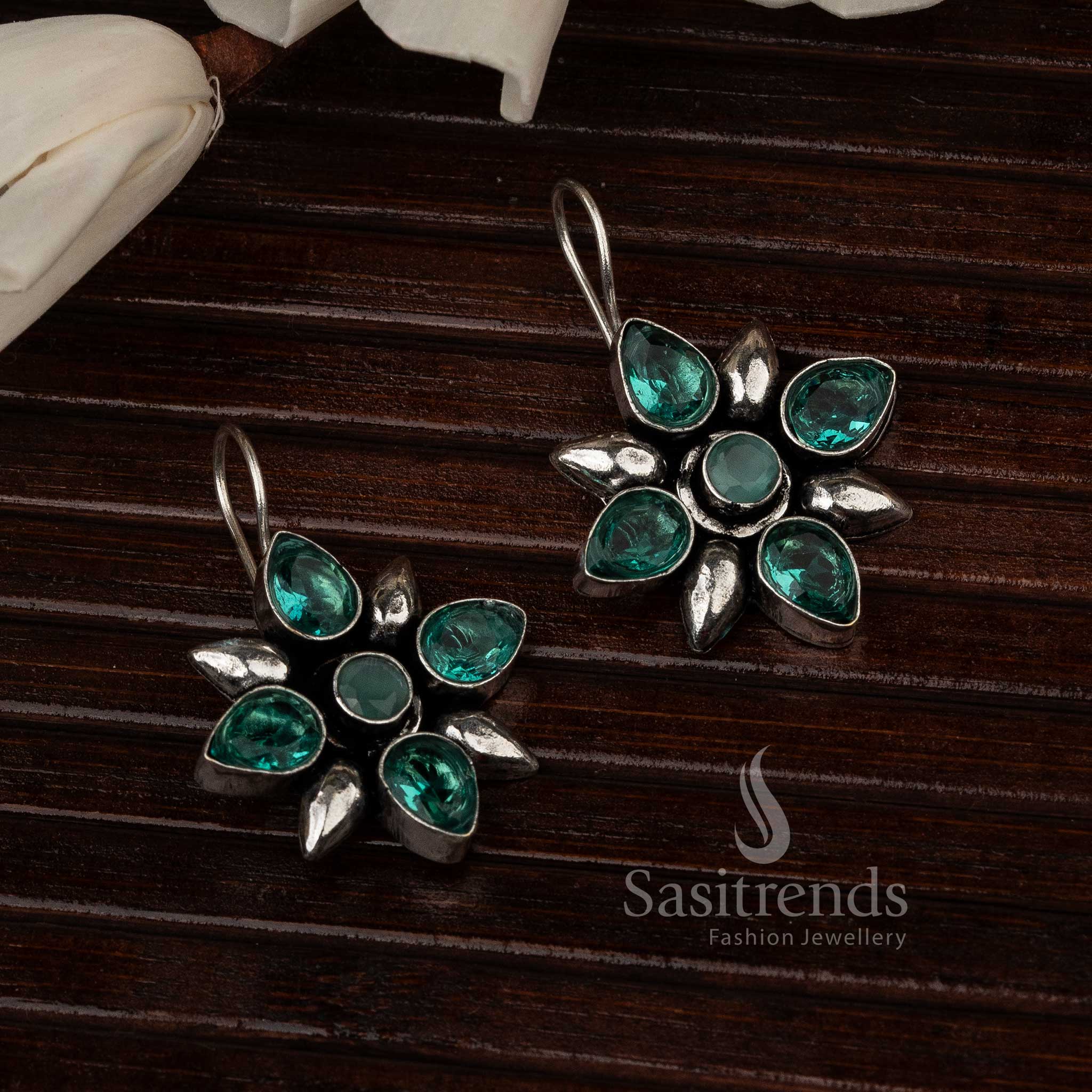 Aqua Blue Oxidised Flower Designer Stones Stud Earrings With Soft Water-Inspired Petals – Trendy Pastel Jewellery - Sasitrends
