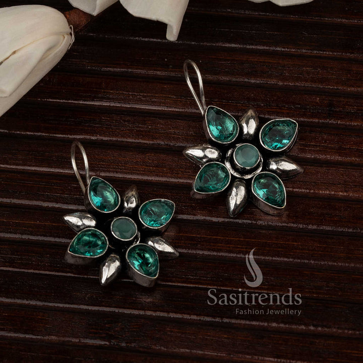 Aqua Blue Oxidised Flower Designer Stones Stud Earrings With Soft Water-Inspired Petals – Trendy Pastel Jewellery - Sasitrends