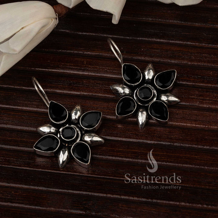 Classic Black Oxidised Flower Designer Stones Stud Earrings With Glossy Finish And Floral Texture – Timeless Traditional Jewellery - Sasitrends