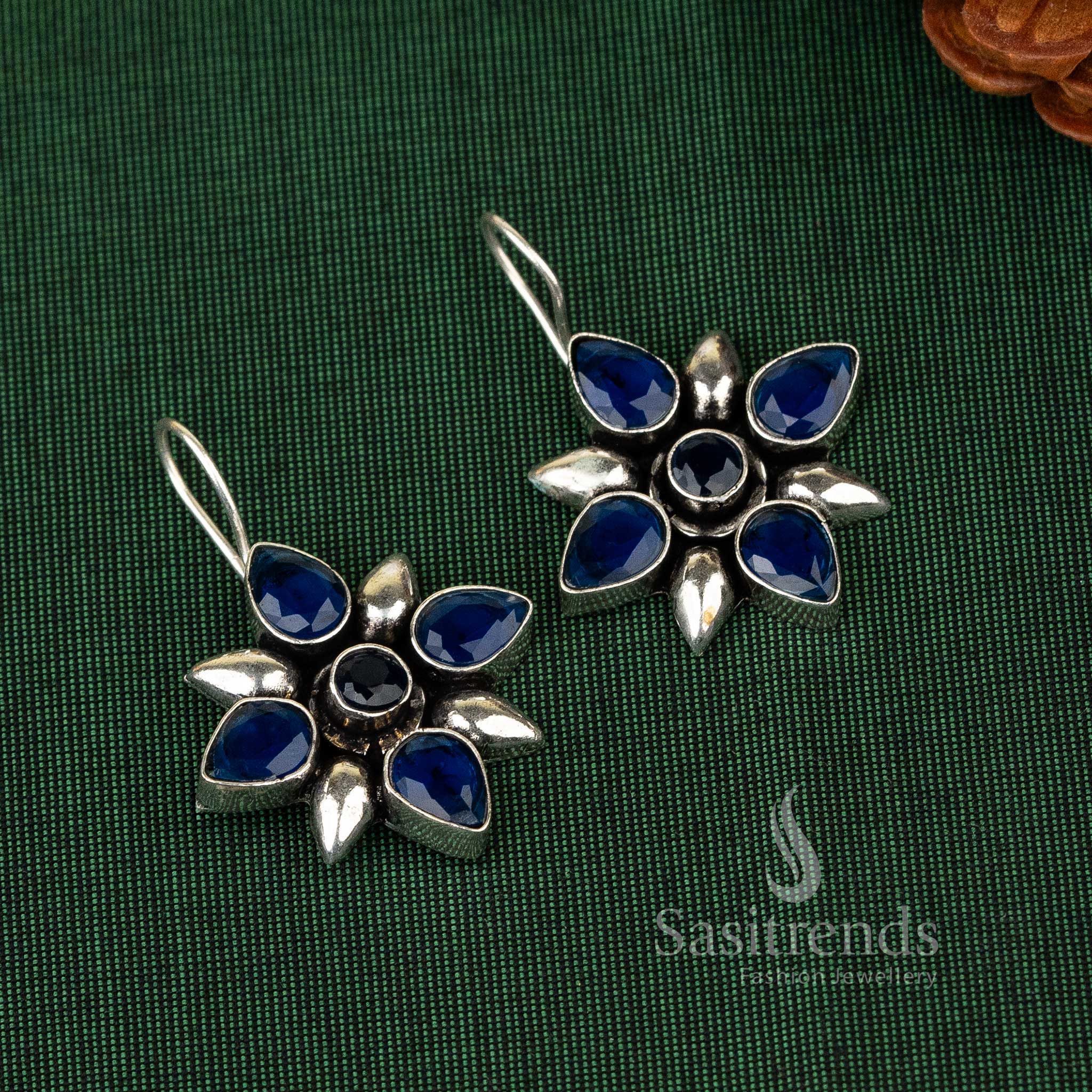Deep Blue Oxidised Flower Designer Stones Stud Earrings With Ornate Petal Details And Mystic Finish – Festive Ethnic Jewellery - Sasitrends