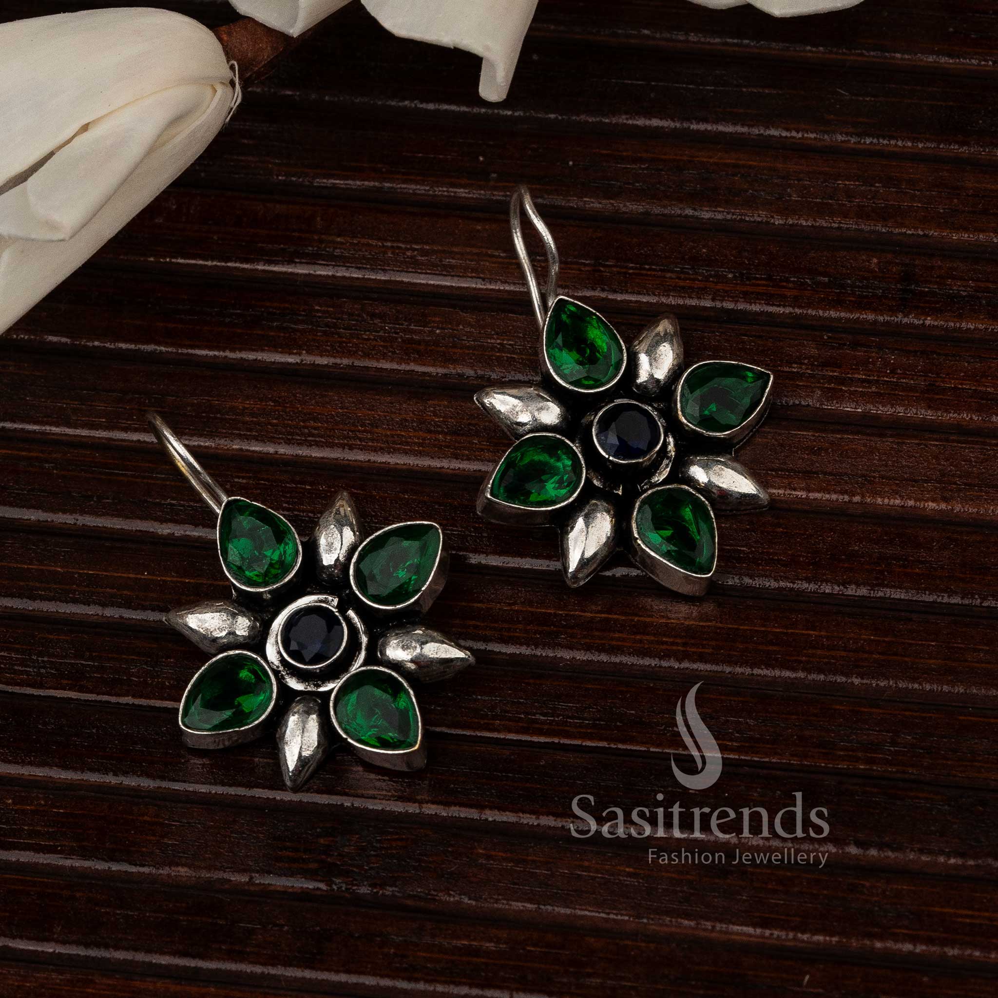 Glossy Green Oxidised Flower Designer Stones Stud Earrings With Leaf-Inspired Design And Crystal Touch – Nature-Inspired Jewellery - Sasitrends