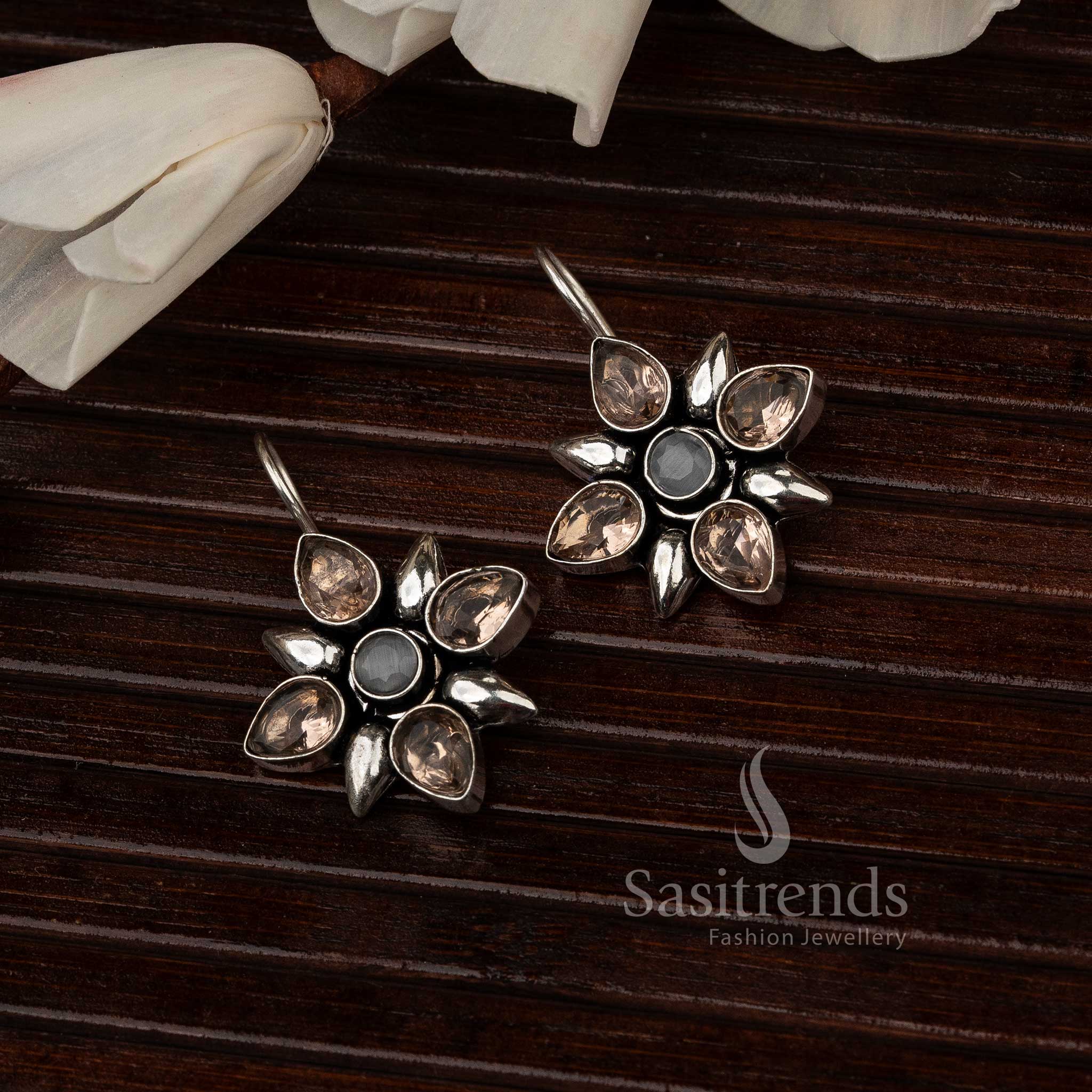Glossy Peach Oxidised Flower Designer Stones Stud Earrings With Rosy Petal Motif And Sleek Shimmering Tone – Chic Ethnic Jewellery - Sasitrends