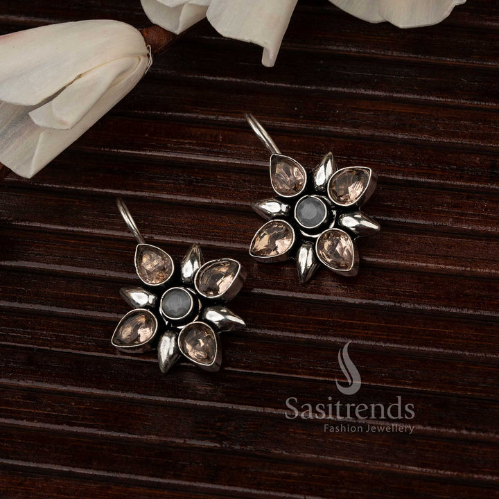 Glossy Peach Oxidised Flower Designer Stones Stud Earrings With Rosy Petal Motif And Sleek Shimmering Tone – Chic Ethnic Jewellery - Sasitrends