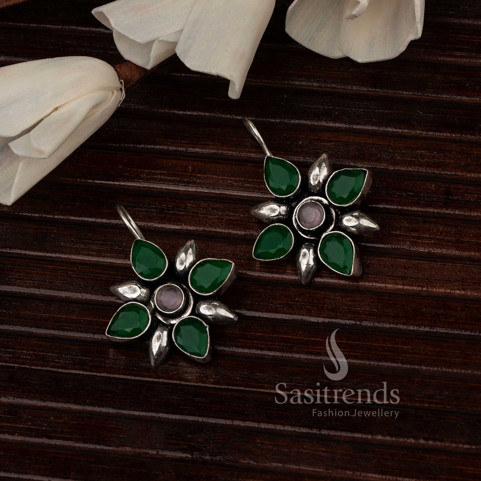 Glossy Green Oxidised Flower Designer Stones Stud Earrings With Leaf-Inspired Design And Crystal Touch – Nature-Inspired Jewellery - Sasitrends