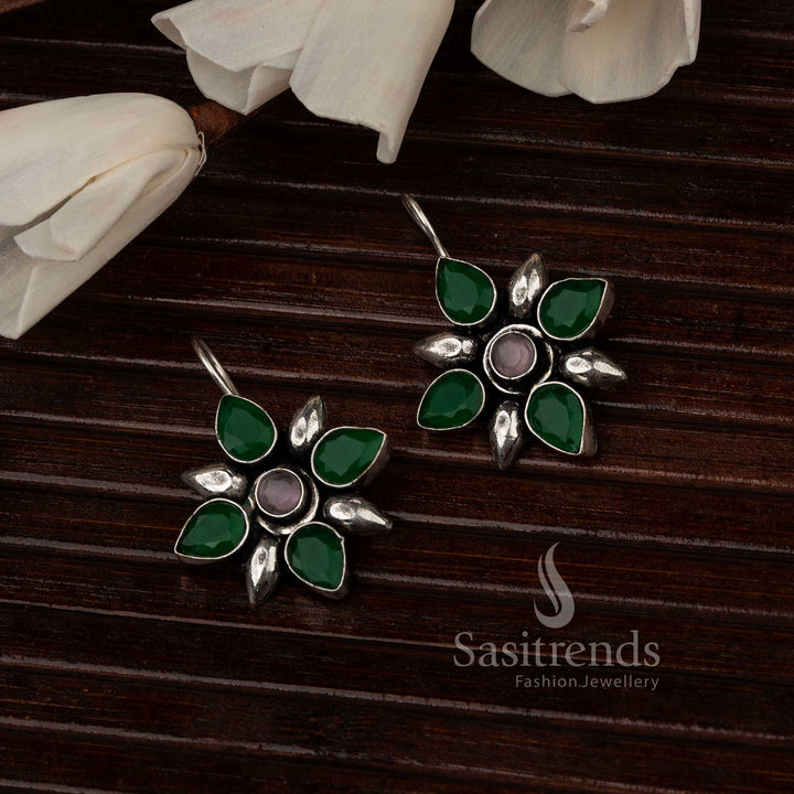 Glossy Green Oxidised Flower Designer Stones Stud Earrings With Leaf-Inspired Design And Crystal Touch – Nature-Inspired Jewellery - Sasitrends