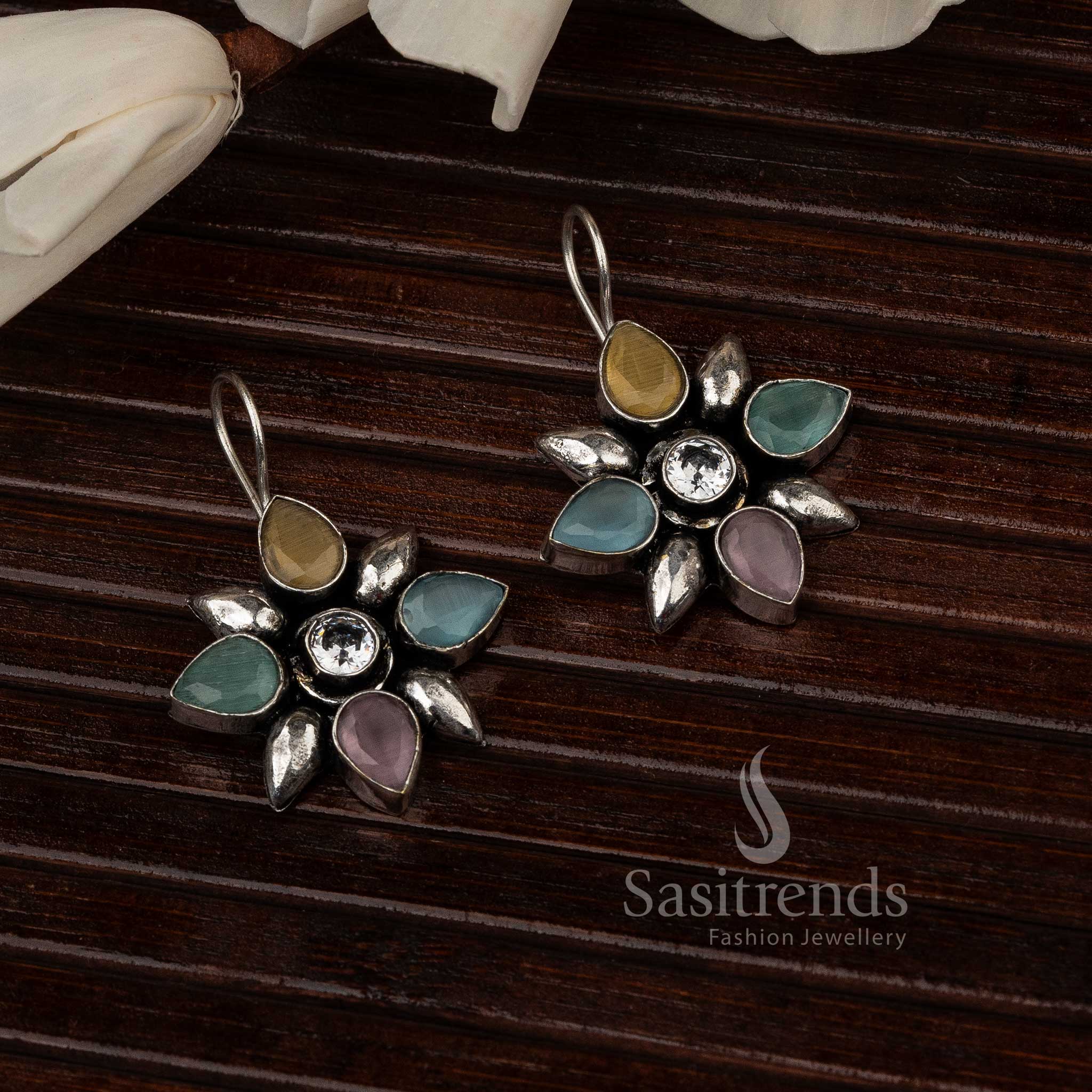 Multicolour Oxidised Flower Designer Stones Stud Earrings With Ethnic Patterns And Vibrant Sparkle – Bold Traditional Jewellery - Sasitrends