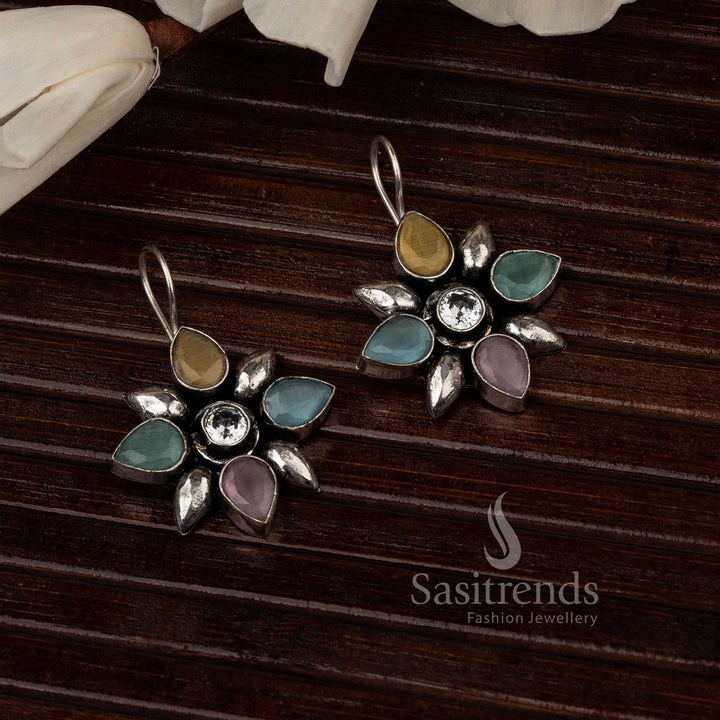 Multicolour Oxidised Flower Designer Stones Stud Earrings With Ethnic Patterns And Vibrant Sparkle – Bold Traditional Jewellery - Sasitrends
