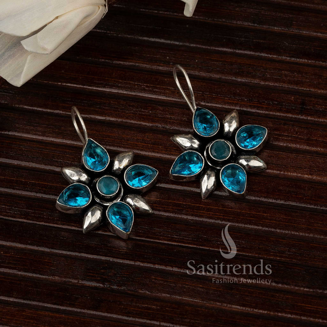 Ocean Blue Oxidised Flower Designer Stones Stud Earrings With Coastal Wave-Inspired Petal Design And Shiny Finish – Sea-Tone Festive Jewellery - Sasitrends