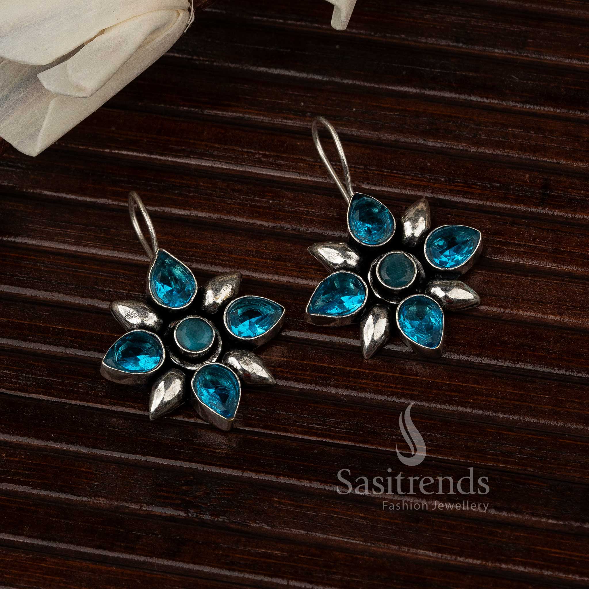 Ocean Blue Oxidised Flower Designer Stones Stud Earrings With Coastal Wave-Inspired Petal Design And Shiny Finish – Sea-Tone Festive Jewellery - Sasitrends