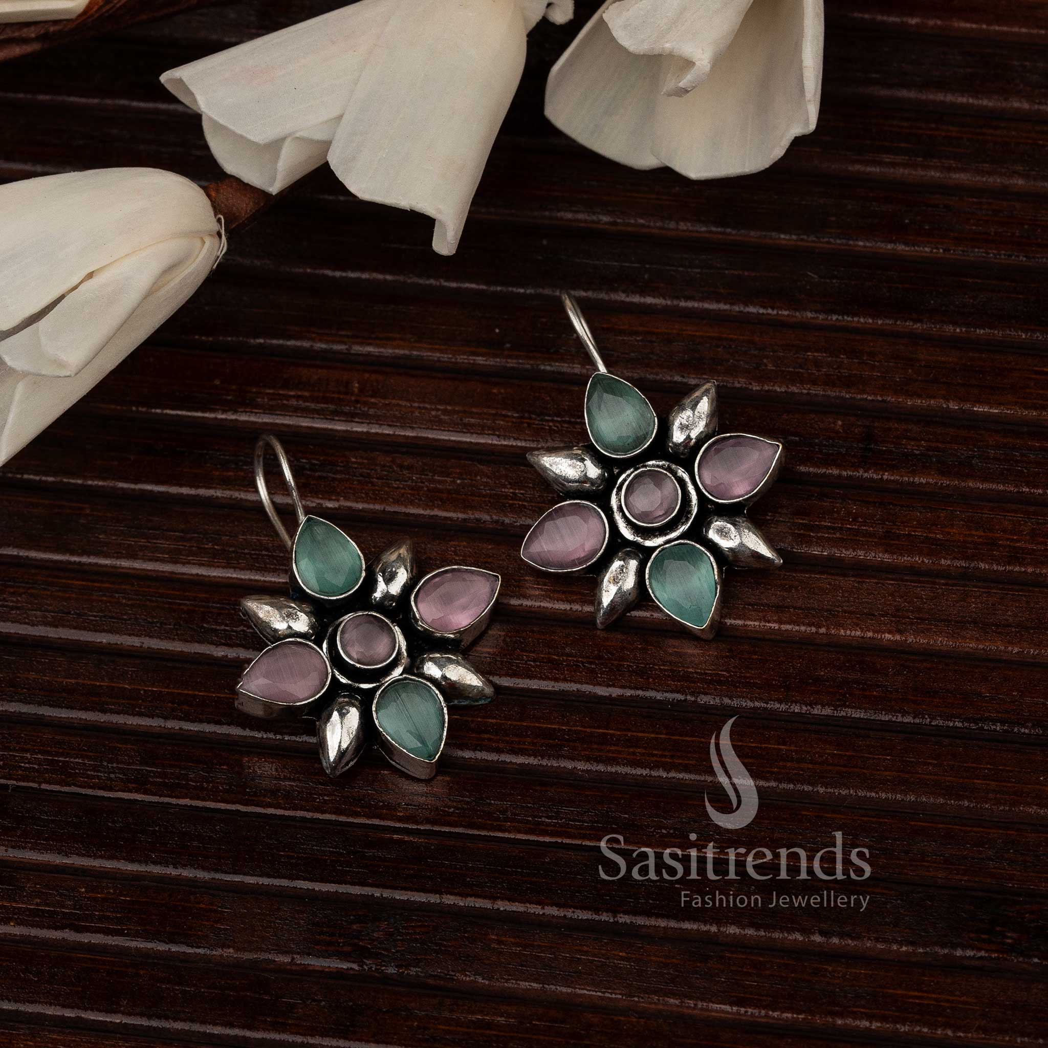 Pink-Mint Oxidised Flower Designer Stones Stud Earrings With Dual Tone Floral Elegance And Sparkling Finish – Designer Festive Jewellery - Sasitrends