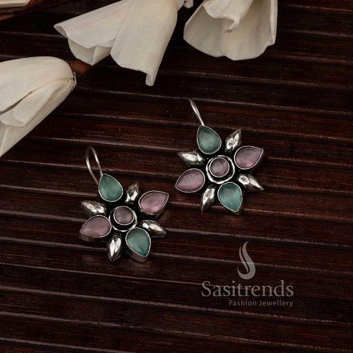 Pink-Mint Oxidised Flower Designer Stones Stud Earrings With Dual Tone Floral Elegance And Sparkling Finish – Designer Festive Jewellery - Sasitrends