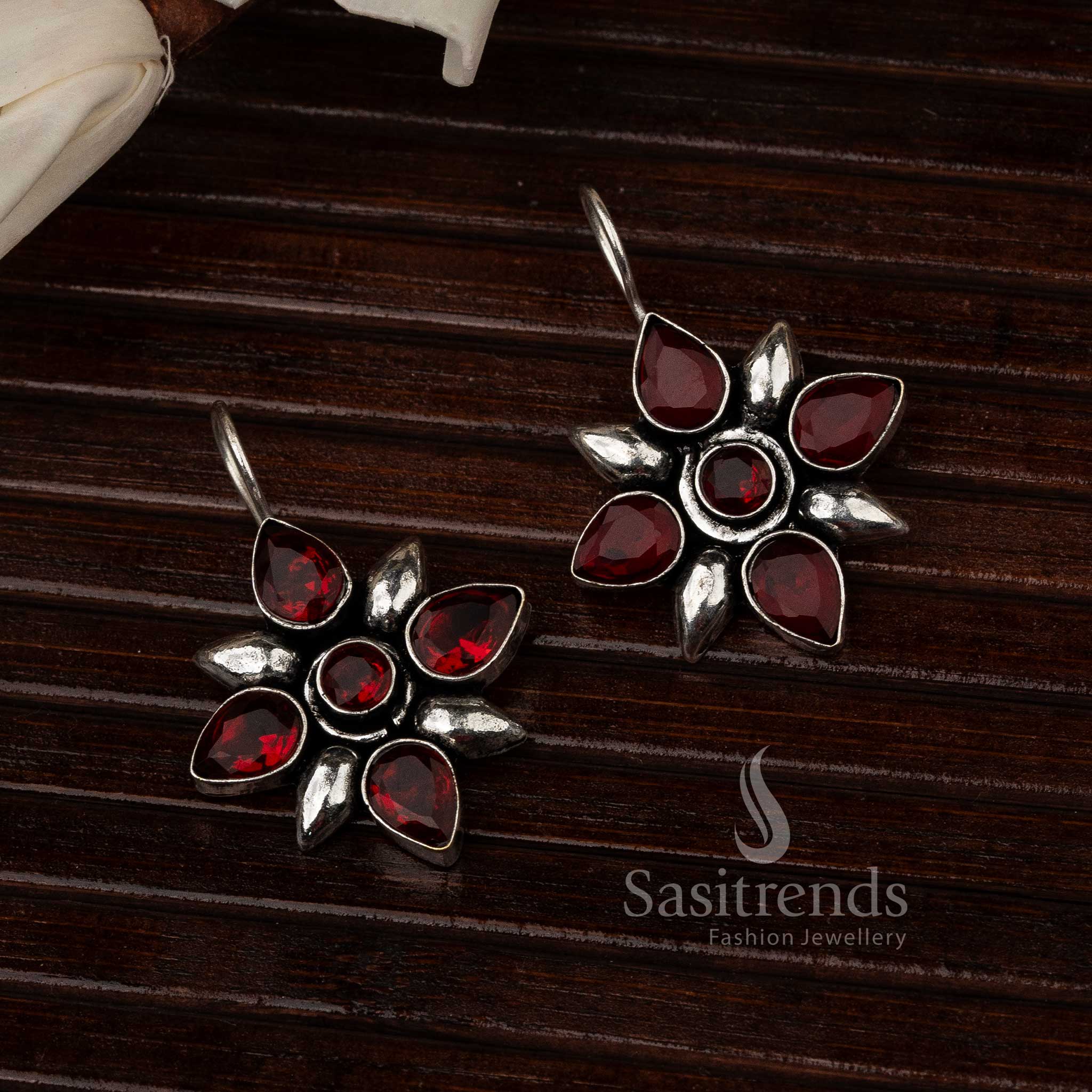 Radiant Red Oxidised Flower Designer Stones Stud Earrings With Floral Motif And Traditional Charm – Ethnic Occasion Jewellery - Sasitrends