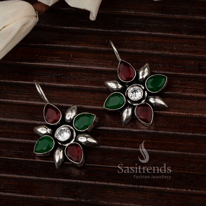 Ruby-Green Oxidised Flower Designer Stones Stud Earrings With Kemp Look And Traditional Motif – Bridal Temple Jewellery Fusion - Sasitrends