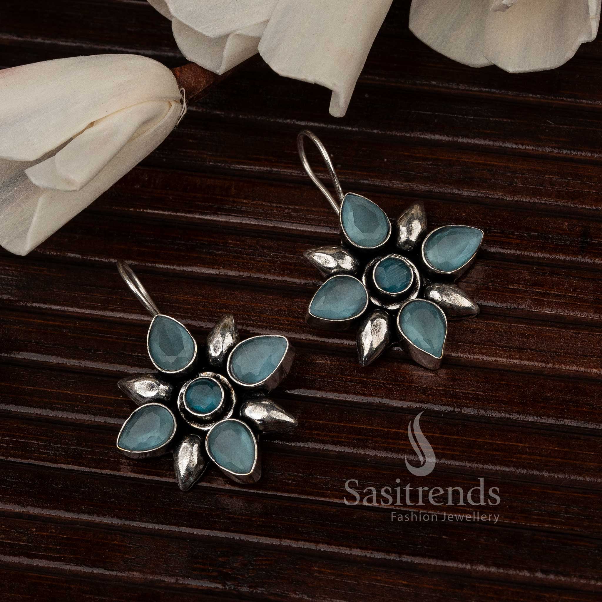 Sky Blue Oxidised Flower Designer Stones Stud Earrings With Cloud-Inspired Soft Hue And Petal Shine – Lightwear Festive Jewellery - Sasitrends