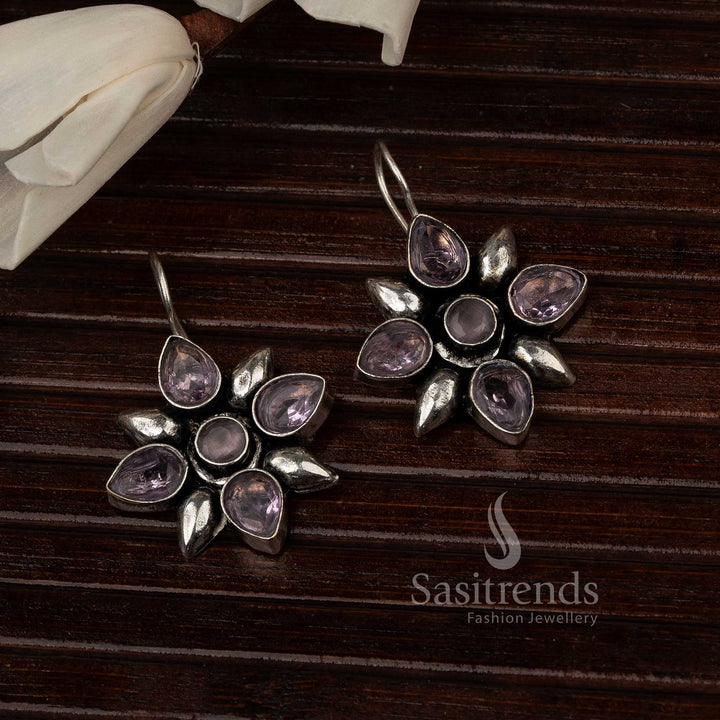 Violet Petal Oxidised Flower Designer Stones Stud Earrings With Regal Glow And Leaf Finish – Royal Look Traditional Jewellery - Sasitrends