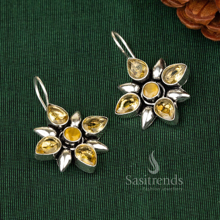 Sunny Yellow Oxidised Flower Designer Stones Stud Earrings With Floral Pattern And Radiant Touch – Bright Occasion Jewellery - Sasitrends