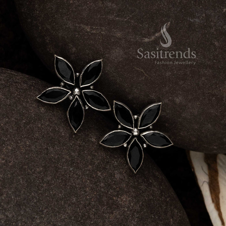 Black Oxidised Marquise Floral Earrings With Vintage Vine Motif And Ebony Gem Highlights – Classic Festive Jewellery - Sasitrends

