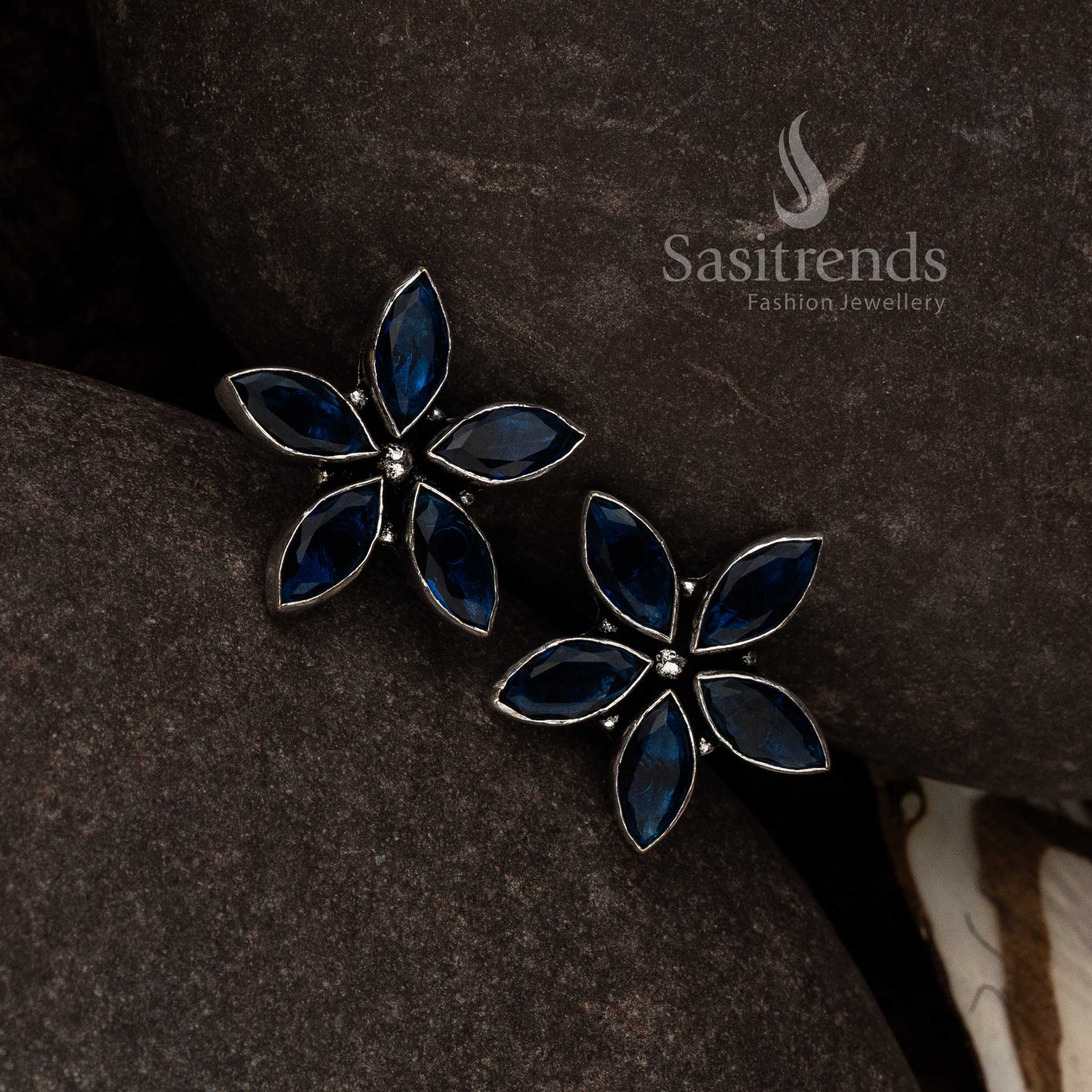Blue Oxidised Marquise Floral Earrings With Delicate Floral Waves And Glossy Maritime Essence – Traditional Party Jewellery - Sasitrends

