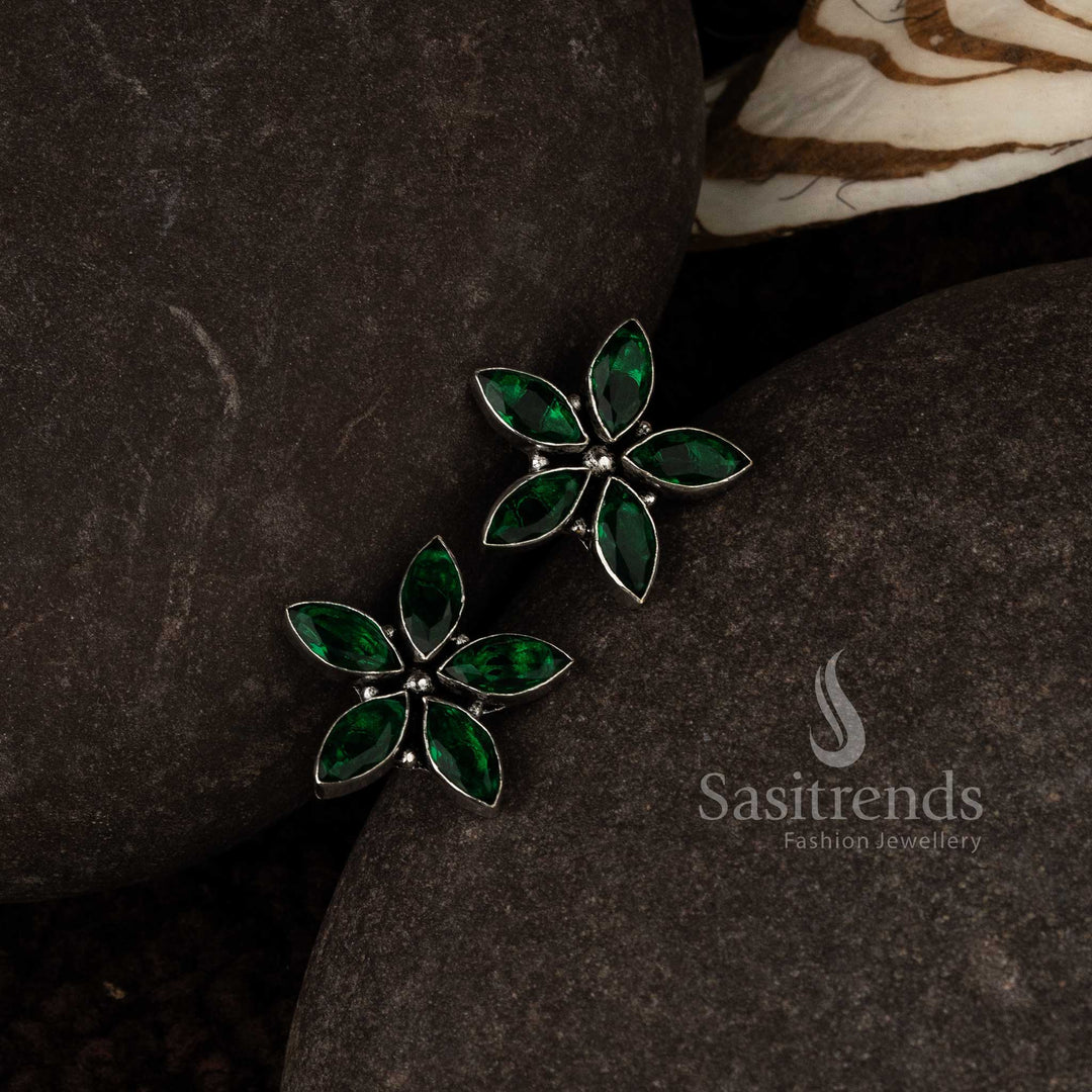 Glossy Green Oxidised Marquise Floral Earrings With Twin Vine Design And Shiny Stone Centerpiece – Luxe Designer Jewellery - Sasitrends