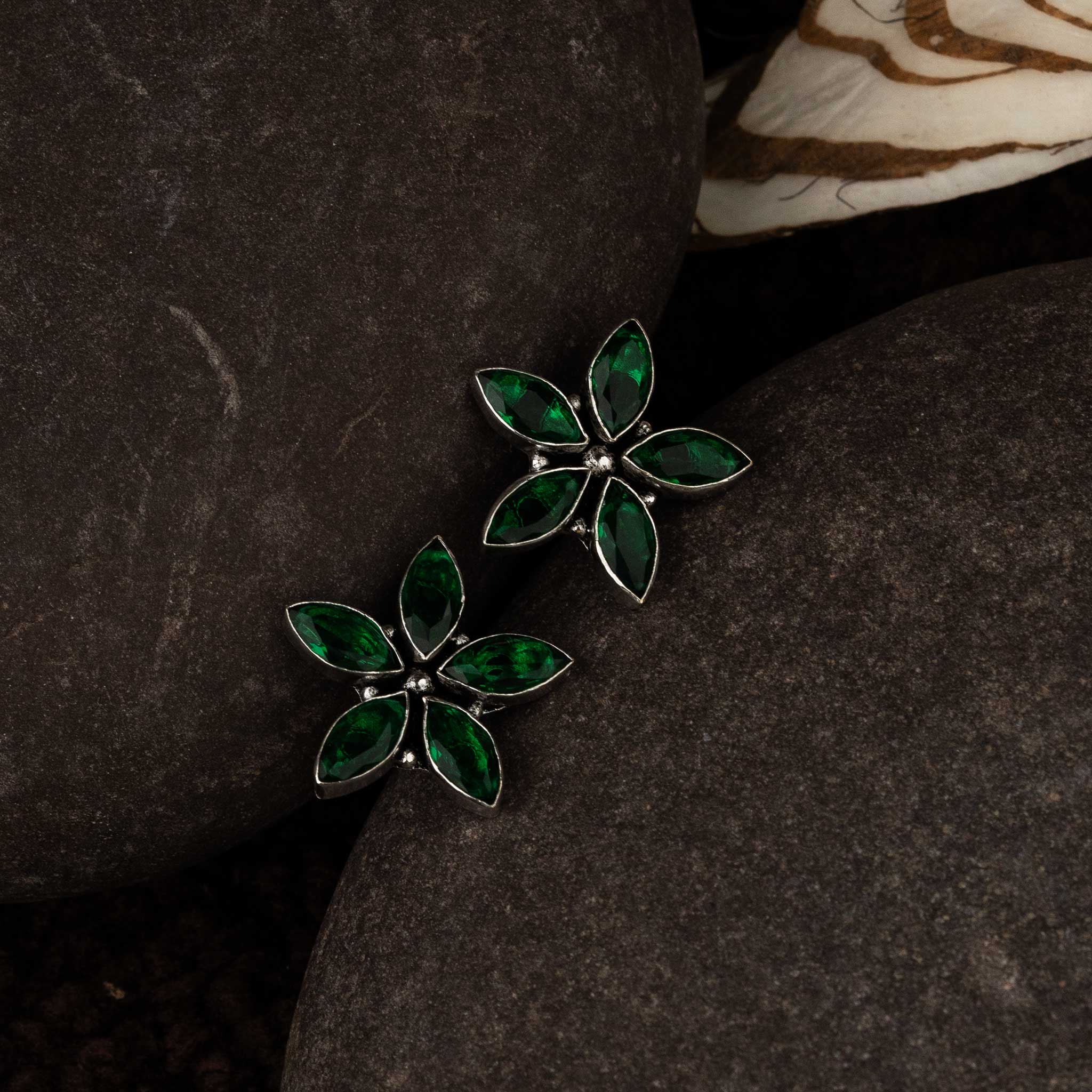 Glossy Green Oxidised Marquise Floral Earrings With Twin Vine Design And Shiny Stone Centerpiece – Luxe Designer Jewellery - Sasitrends