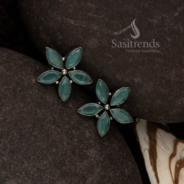 Mint Oxidised Marquise Floral Earrings With Herbal Inspired Leafy Design And Soft Stone Touch – Ethnic Glam Jewellery - Sasitrends