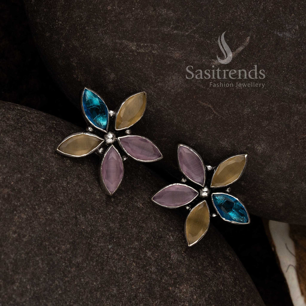 Multi Colour Oxidised Marquise Floral Earrings With Rainbow Toned Petals And Boho Stone Ensemble – Vibrant Designer Jewellery - Sasitrends