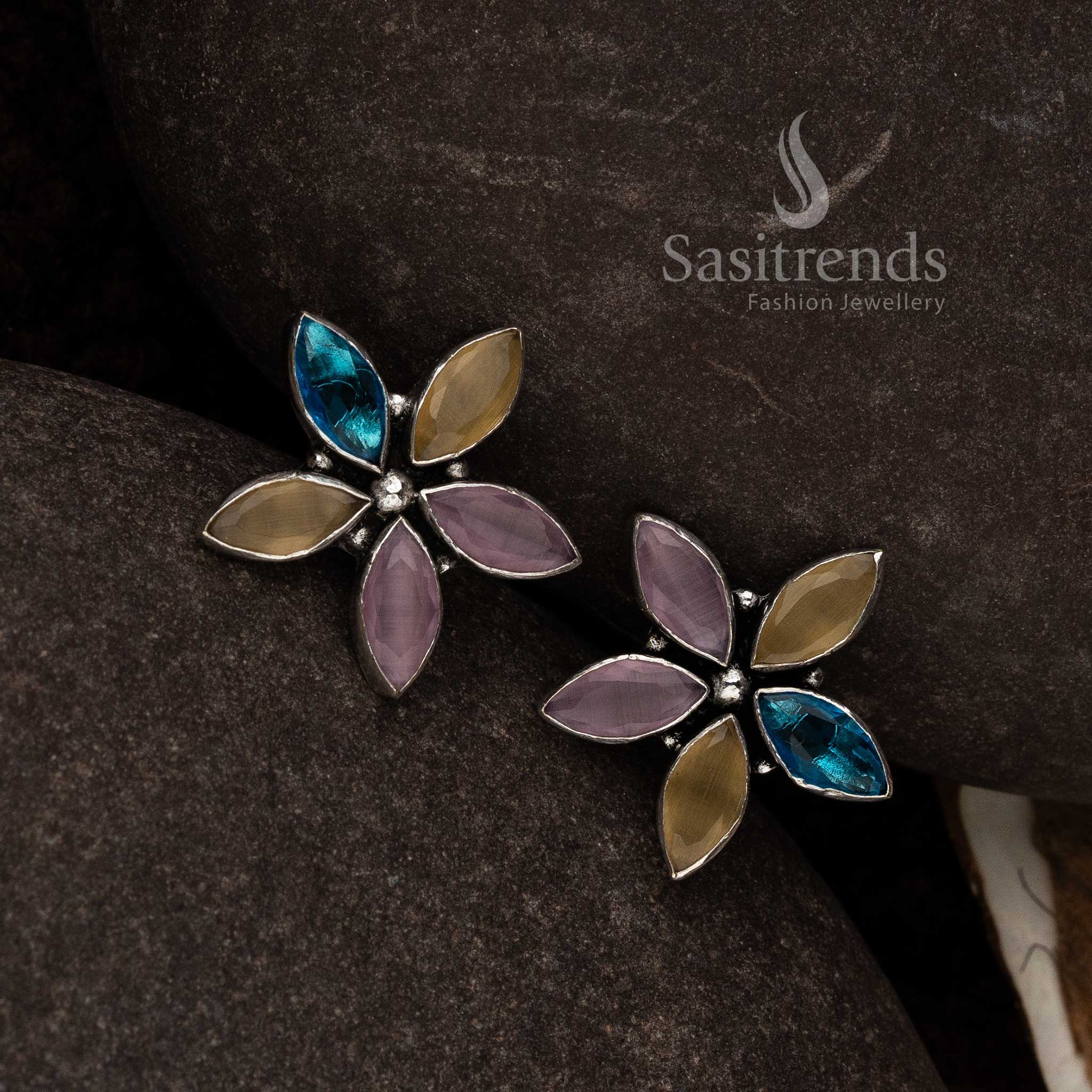 Multi Colour Oxidised Marquise Floral Earrings With Rainbow Toned Petals And Boho Stone Ensemble – Vibrant Designer Jewellery - Sasitrends