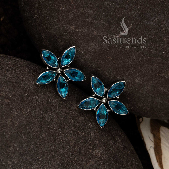 Ocean Blue Oxidised Marquise Floral Earrings With Wave Inspired Leaf Style And Pearl Stone Finish – Oceanic Party Jewellery - Sasitrends