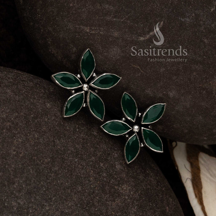 Oxidised Marquise Floral Earrings With Rainbow Toned Petals And Boho Stone Ensemble – Vibrant Designer Jewellery - Sasitrends