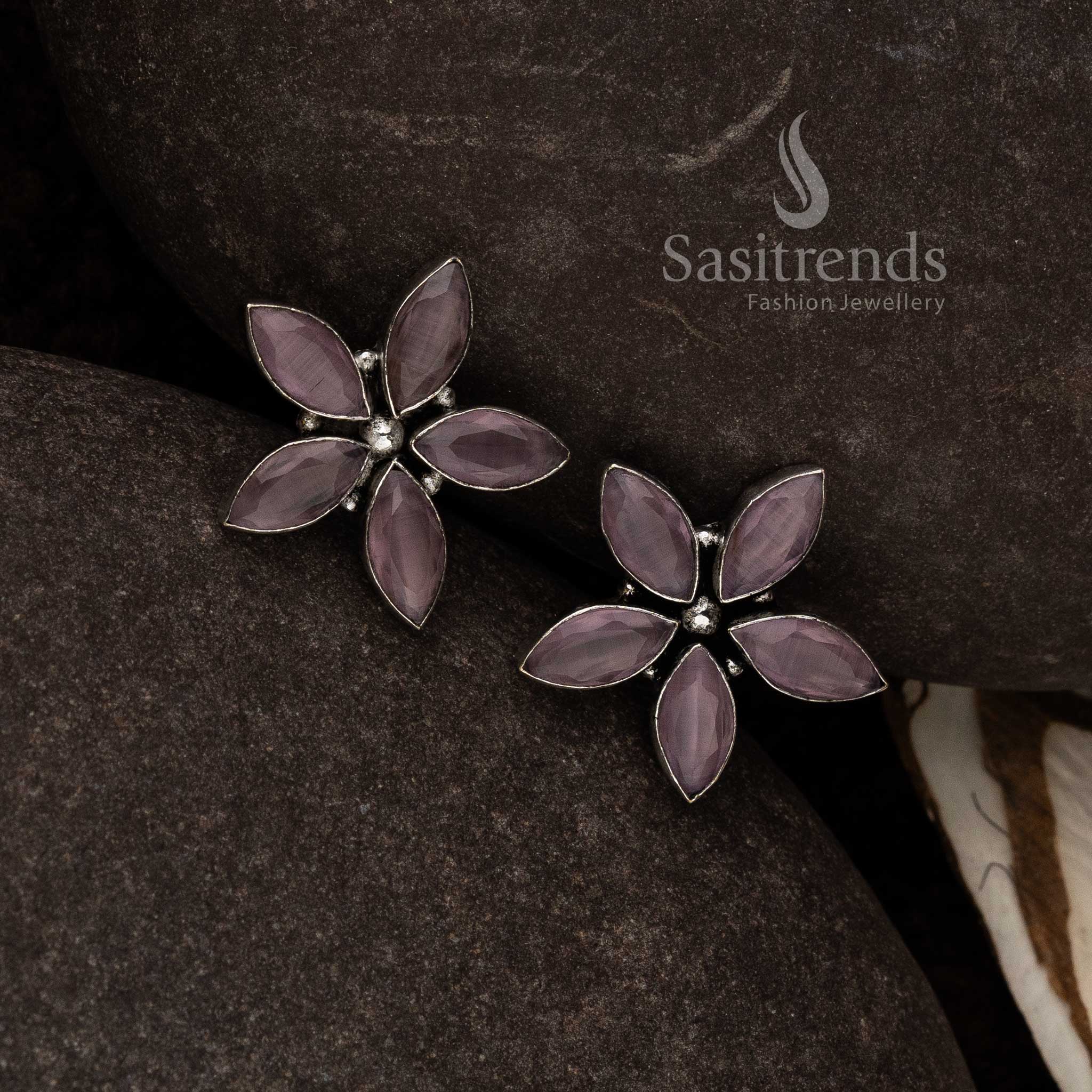 Pink Oxidised Marquise Floral Earrings With Whimsical Floral Motif And Pastel Stone Finish – Elegant Ethnic Jewellery - Sasitrends