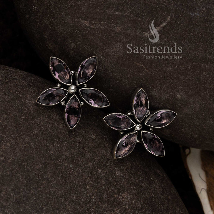 Purple Oxidised Marquise Floral Earrings With Orchid Inspired Stones And Royal Aura Finish – Ethnic Glam Jewellery - Sasitrends